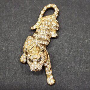 Vintage Trifari Goldtone Rhinestone Crouching Tiger Brooch W/Gray Eyes